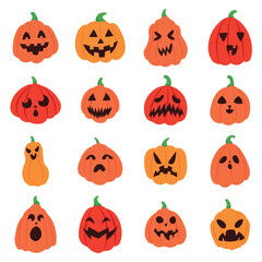 Set of scary Halloween pumpkins on white background