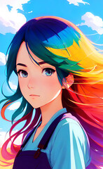 Fototapeta premium Anime girl waifu portrait in neon lights, veaporwave, synthwave, retro. girl with purple hair and neon lights.