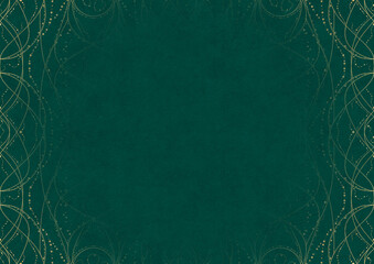 Dark cold green textured paper with vignette of golden hand-drawn pattern. Copy space. Digital artwork, A4. (pattern: p10-2b)