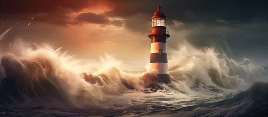 Tuinposter Lighthouse on seashore strong waves crash during storm mixed media digital art With copyspace for text © 2rogan