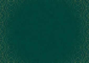 Dark cold green textured paper with vignette of golden hand-drawn pattern. Copy space. Digital artwork, A4. (pattern: p10-2c)
