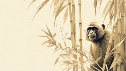Japanese Painting of Monkey Emerging From Bamboo Reed