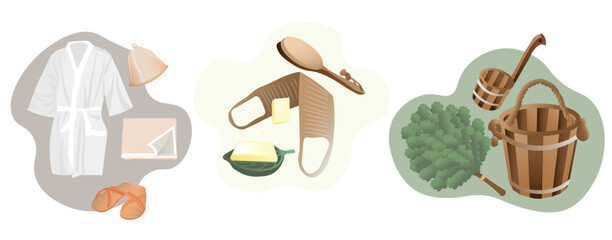 Set of accessories for sauna on white background