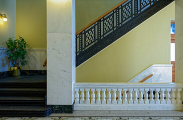 Stairway and marble balustrades in the State Capitol, Pierre, South Dakota, USA