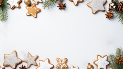 Fototapeta na wymiar Christmas decorations on a white background, in style flat lay. Generative AI