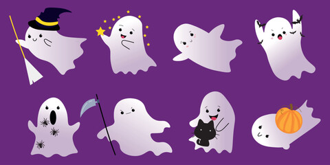 Set of cute ghosts on purple background. Halloween celebration