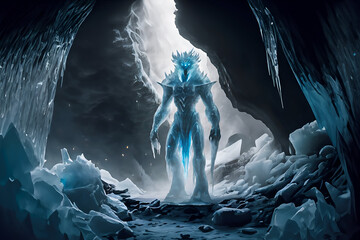 A giant ice elemental creature in an ice cave - Generative AI