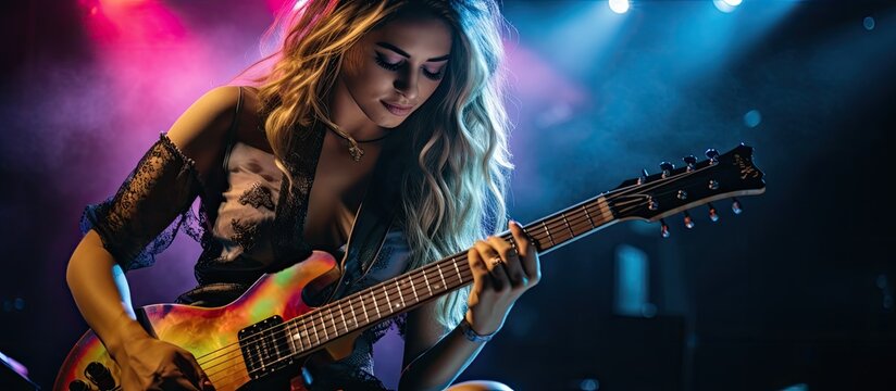 Woman guitarist rocking out on acoustic guitar under vibrant stage lights With copyspace for text