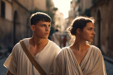 A young couple walking through the streets of ancient Rome (Generative AI)