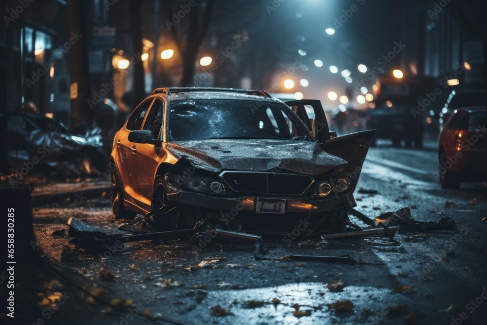 Poster broken car in an accident. crash on the road. background with selective focus and copy space
