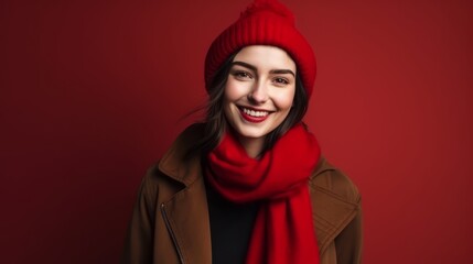 Autumn concept. Happy Woman with Red Scarf and Hat with Space for Copy on a Red Background.