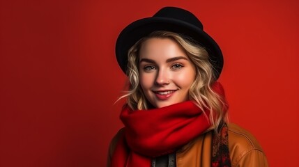 Autumn concept. Happy Woman with Red Scarf and Hat with Space for Copy on a Red Background.