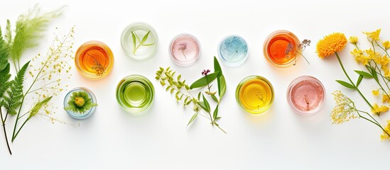 Different plants and cosmetics arranged on white background seen from above Room for text