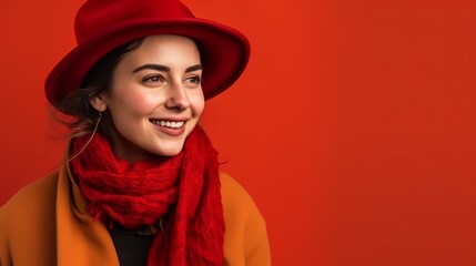 Autumn concept. Happy Woman with Red Scarf and Hat with Space for Copy on a Red Background.