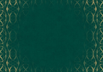 Dark cold green textured paper with vignette of golden hand-drawn pattern. Copy space. Digital artwork, A4. (pattern: p10-4c)