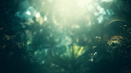 Fototapeta premium Blurred out jungle forest abstract background with lots of bokeh and a sunrays and room for text