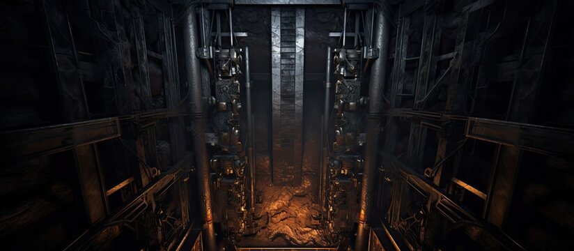 Bird s eye perspective of the hoist shaft elevator in the dark coal mine With copyspace for text