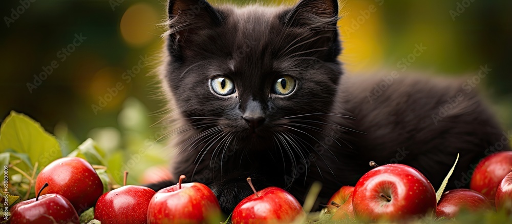 Canvas Prints Little black kitten lying on apples on grass With copyspace for text