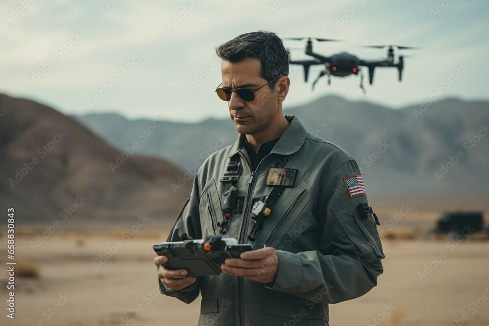 Poster military drone operator. background with selective focus and copy space
