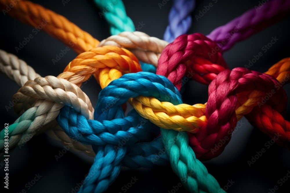Poster different ropes are woven into a knot. teamwork concept. background with selective focus and copy sp