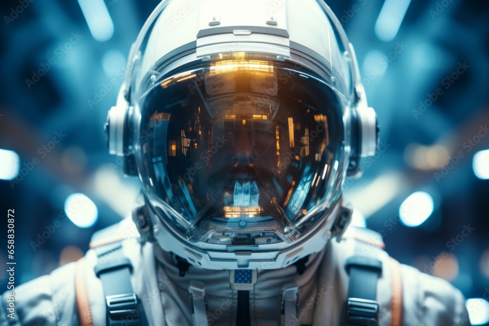 Poster cosmonaut or astronaut. portrait of a spaceman with selective focus and copy space