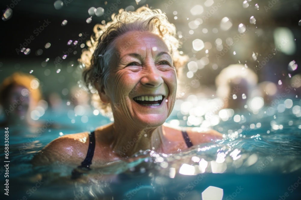 Sticker Happy woman in the pool during group classes. Aqua fit concept. Portrait with selective focus