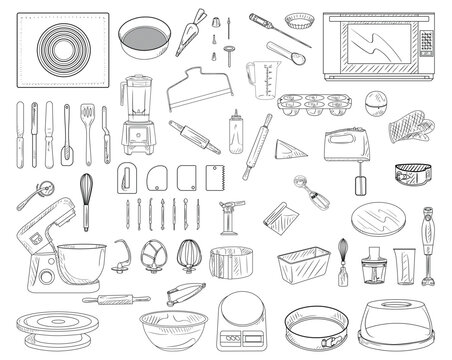 Set of accessories and devices for baking on white background
