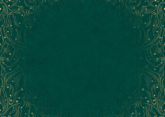 Dark cold green textured paper with vignette of golden hand-drawn pattern. Copy space. Digital artwork, A4. (pattern: p11-2a)