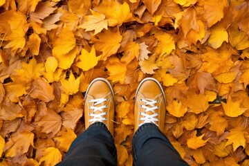 a person's feet standing on a pile of leaves
