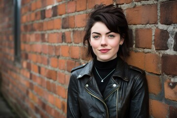 a woman in a leather jacket leaning against a brick wall