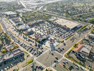 Buena Park, California – October 6, 2023: aerial drone view toward Buena Park Koreatown with...