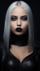 a woman with black makeup and grey hair