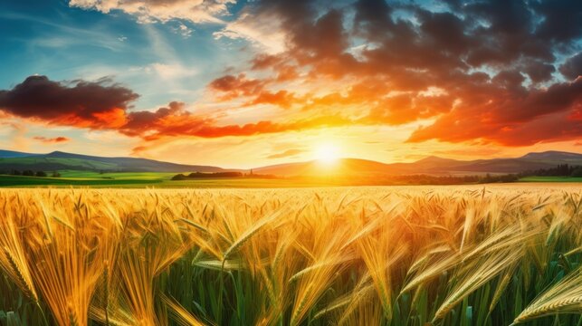 a field of wheat with the sun setting behind it