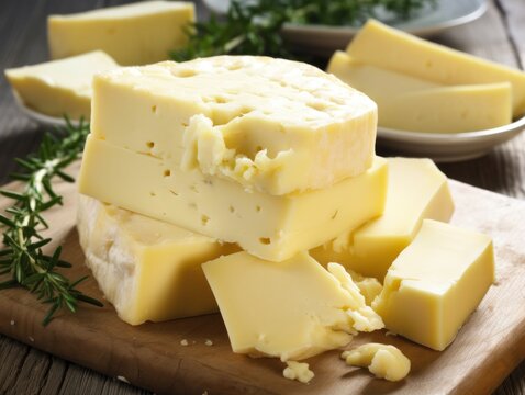 a block of cheese on a wooden board