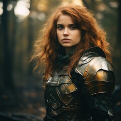 Obraz na płótnie Canvas a woman in armor in the woods