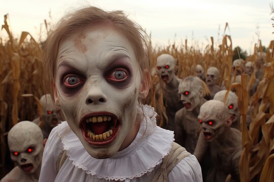 a woman in a garment with a group of zombies in a field