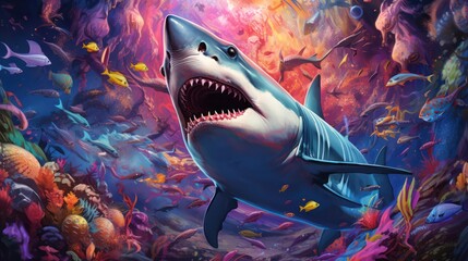 Illustration of Sharks in Colorful Neon Color Scheme