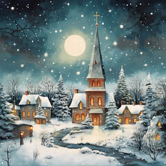 a snowy village with a church and a full moon