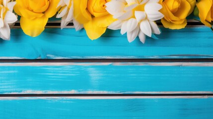 yellow and white flowers on a blue wood surface
