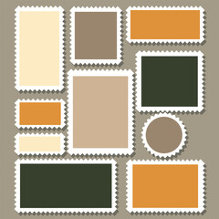 Set of blank postage stamps on grey background