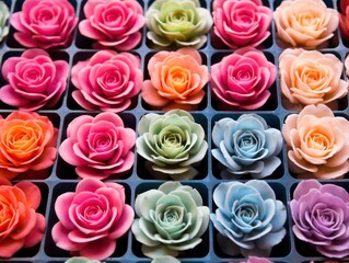 a group of colorful roses in a plastic container