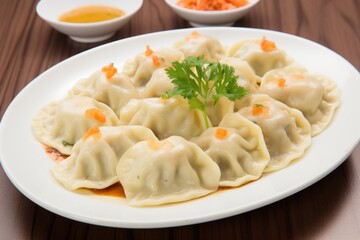 a plate of dumplings on a wood surface