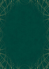 Dark cold green textured paper with vignette of golden hand-drawn pattern. Copy space. Digital artwork, A4. (pattern: p10-2d)