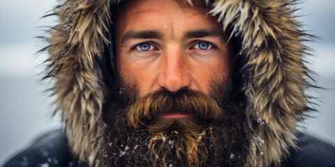 a man with a beard and mustache wearing a fur hood
