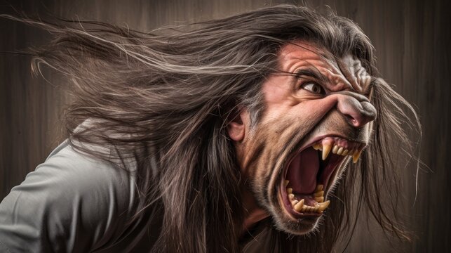 a man with long hair and a wolf mask