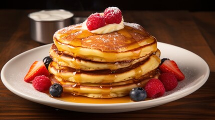 a stack of pancakes with berries and syrup on top