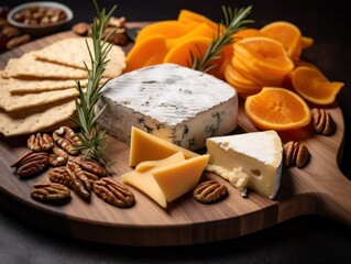 a cheese platter with oranges and nuts