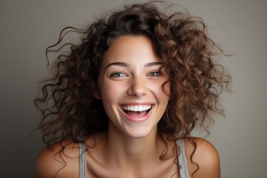 a woman with curly hair smiling