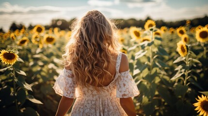 a woman in a white dress in a field of sunflowers