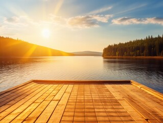 Fototapeta na wymiar a wooden platform overlooking a lake